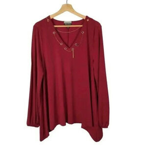 Allison Brittany Red Gold Neckline Drape Long Sleeve Top L